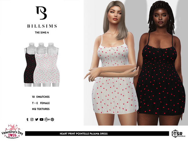 Sims 4 — Heart Print Pointelle Pajama Dress by Bill_Sims — This pajama dress features a pointelle material with a red