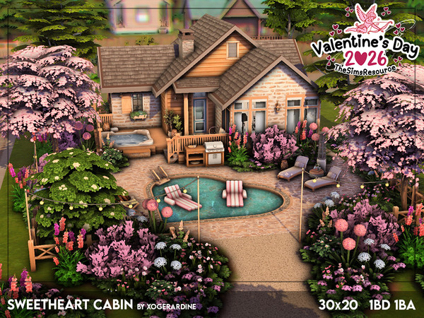 Sims 4 — Sweetheart Cabin (NO CC) by xogerardine — Sweetheart Cabin is a cozy Valentine's Day cabin with a heart shaped