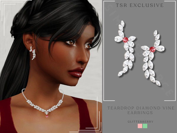 Sims 4 — Diamond Floral Vine Earrings by Glitterberryfly — A diamond vine earring with small gemstone