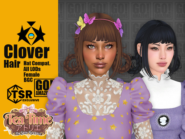 Sims 4 — Clover Hair (Tea Time Atelier) by GoAmazons — Double braids updo with bangs for long straight hair.