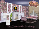 Sims 4 — Teatime with Granny SET by matomibotaki — Floral wallpaper that creates a friendly and playful atmosphere.