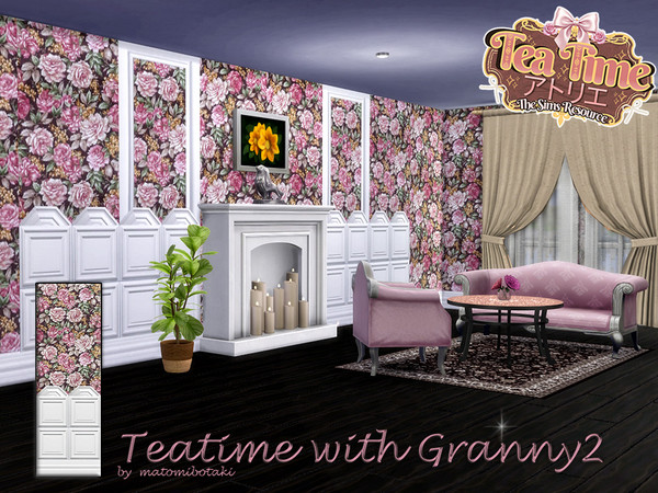 Sims 4 — Teatime with Granny2 by matomibotaki — Floral wallpaper that creates a friendly and playful atmosphere.