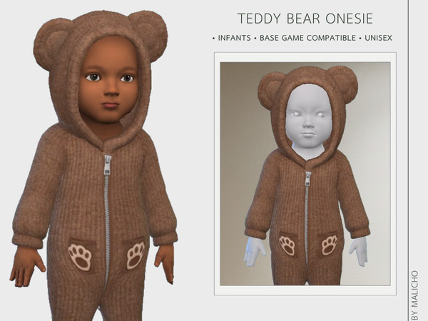 Sims 4 — Teddy Bear Onesie by malicho — Cute ribbed teddy bear onesie with zipper, pockets with paw prints and a bear