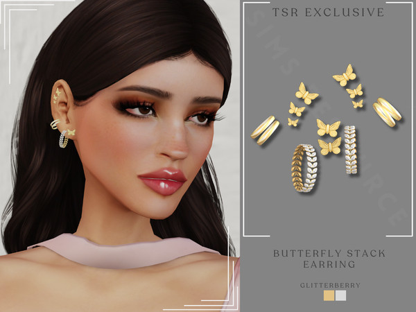 Sims 4 — Gold Butterfly Stack Earring by Glitterberryfly — A gold stack earring featuring gold butterflies