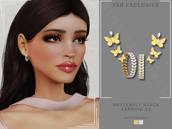 Sims 4 — Butterfly Gold Stack Earring v2 by Glitterberryfly — A stack earring with butterflies