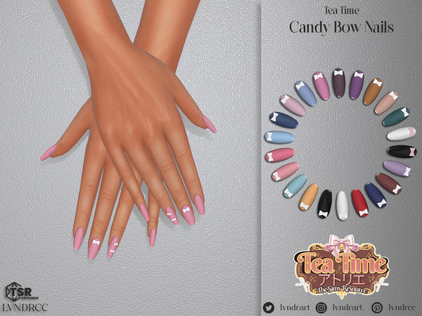 Sims 4 — (Tea Time) Candy Bow Nails by LVNDRCC — Medium almond manicure with decorative bows in white and light pastel