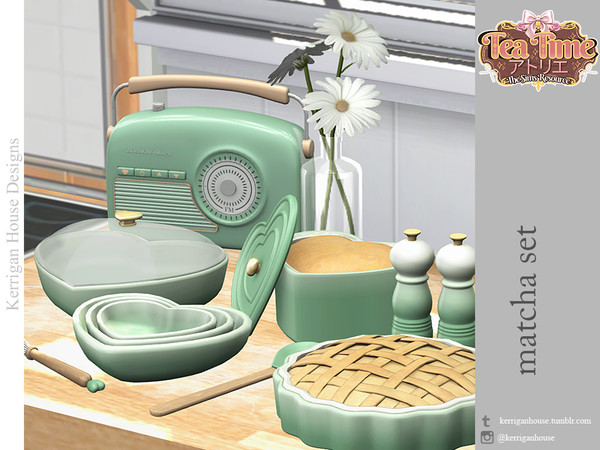 Sims 4 — Matcha Set by kerriganhouse — An adorable green and pink baking clutter set.