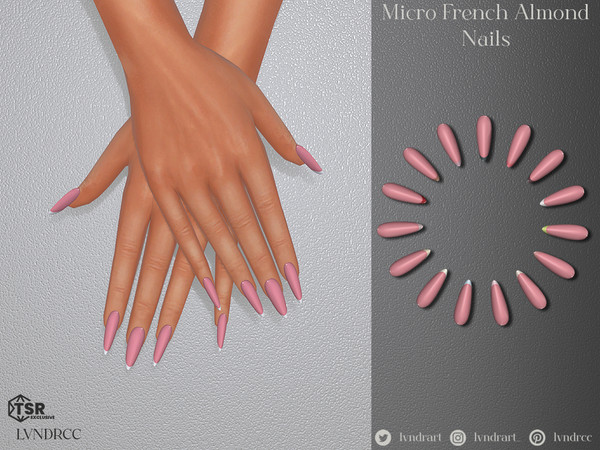 Sims 4 — Micro French Almond Nails by LVNDRCC — Long manicure on a neutral pink base, with trendy micro french style