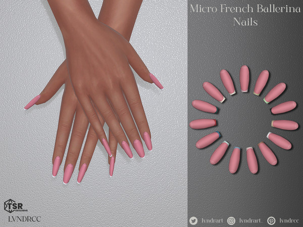 Sims 4 — Micro French Ballerina Nails by LVNDRCC — Long manicure on a neutral pink base, with trendy micro french style