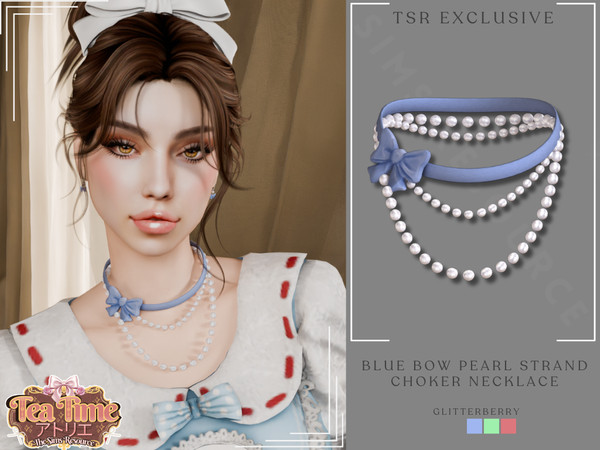 Sims 4 — Blue Bow Pearl Strand Choker Necklace by Glitterberryfly — A pearl strand necklace with blue bow choker