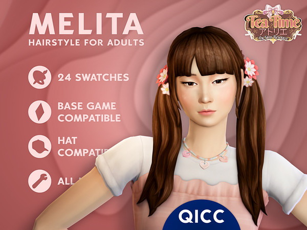 Sims 4 — [QICC]Tea_Time_Melita_Hair_Flowers_Accessory by qicc — Long pigtails with straight bangs and decorative floral