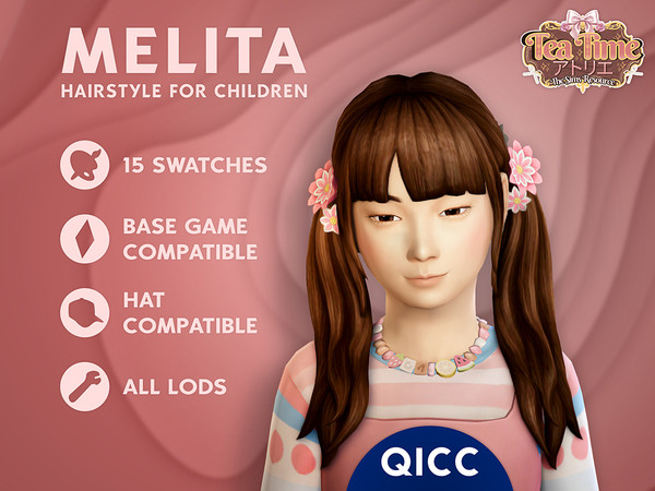 Sims 4 — [QICC]Tea_Time_Melita_Hair_for_Children by qicc — Long pigtails with straight bangs and decorative floral hair