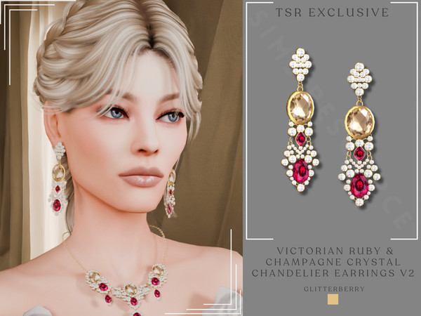 Sims 4 — Victorian Ruby & Champagne Crystal Chandelier Earrings V2 by Glitterberryfly — A dangle earring with