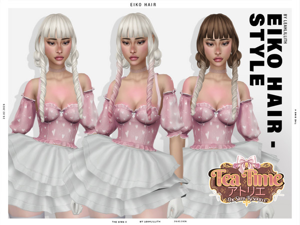 Sims 4 — Tea Time Atelier Eiko Buns with Long Curls Hairstyle by Leah_Lillith — There is optional recolor (color wheel)