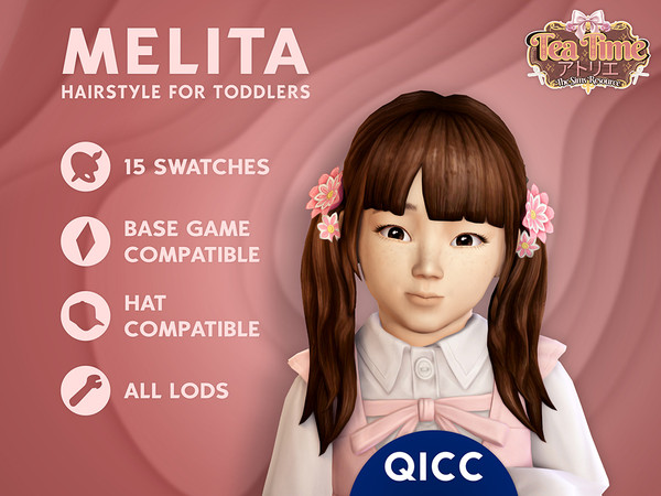 Sims 4 — [QICC]Tea_Time_Melita_Hair_for_Toddlers_Flowers_Accessory by qicc — Long pigtails with straight bangs and