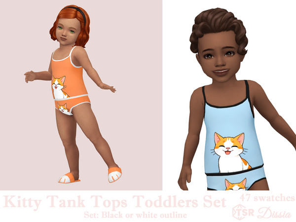 Sims 4 — Kitty Tank Top Toddlers Set by Dissia — Sleepwear tank top with a cat print and black or white outline for