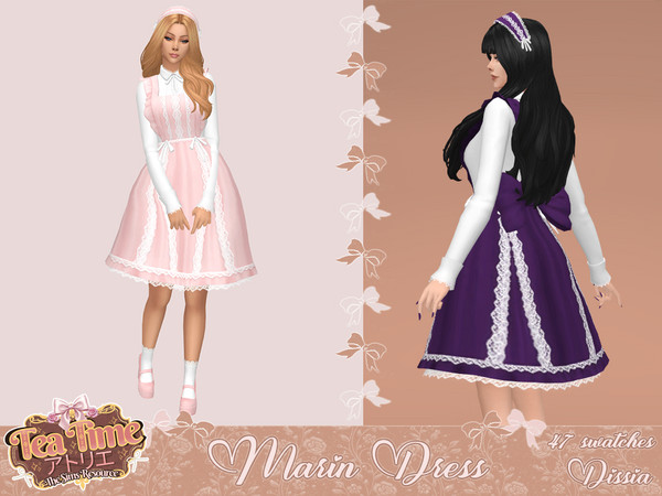 Sims 4 — Marin Dress by Dissia — Cute and kawaii dress with lace and bows layered on white shirt
