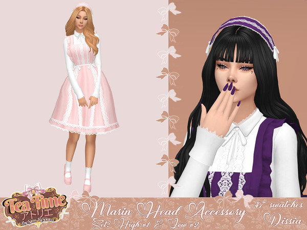 Sims 4 — Marin Head Accessory v2 (Lower) by Dissia — Maid like headband or headdress with lace and bows