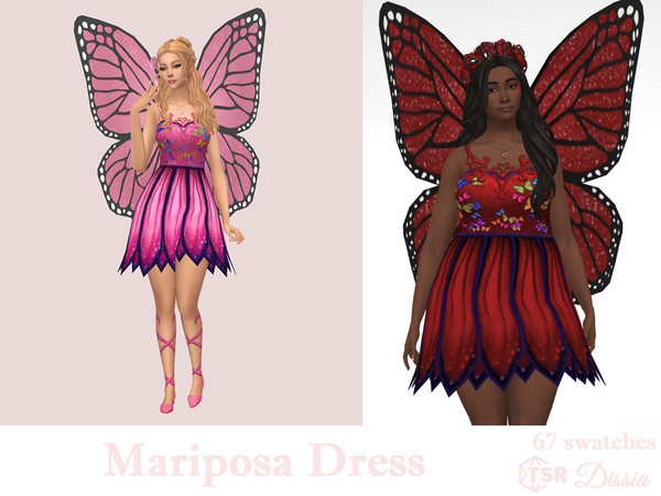 Sims 4 — Mariposa Dress by Dissia — Fantasy cute layered flower petals bottom dress with butterflies and fancy neck part,