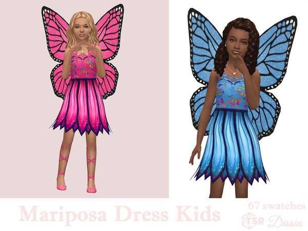 Sims 4 — Mariposa Dress Kids by Dissia — Fantasy cute layered flower petals bottom dress with butterflies and fancy neck