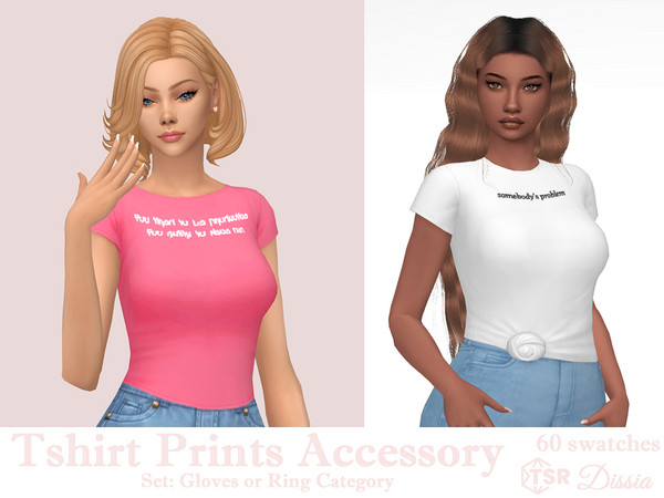 Sims 4 — Tshirt Prints Accessory (Gloves) by Dissia — Various prints for tops or outfits in black or white, English or