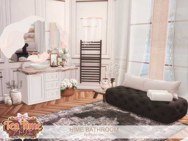 Sims 4 — Hime Bathroom by BlusterSims — The Hime Bathroom is an elegant, spa inspired retreat blending soft blush tones,