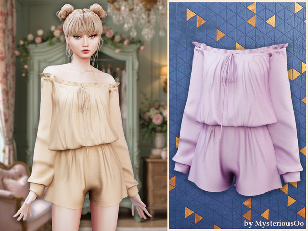 Sims 4 — Off  shoulder  lounge  romper by MysteriousOo — A soft off-shoulder romper designed with a relaxed silhouette
