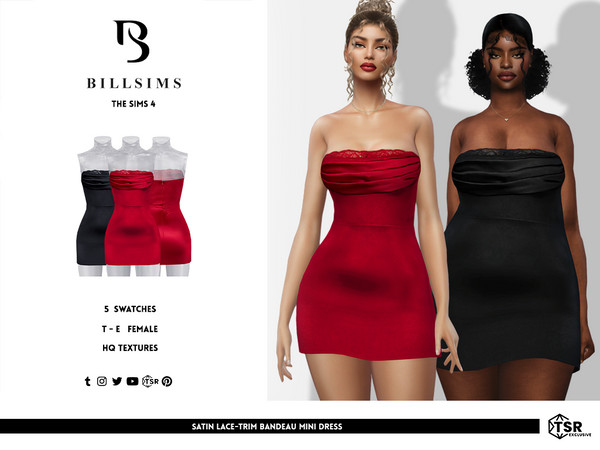 Sims 4 — Satin Lace-Trim Bandeau Mini Dress by Bill_Sims — This dress features a satin material with a bandeau neckline