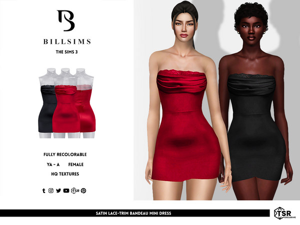 Sims 3 — Satin Lace-Trim Bandeau Mini Dress by Bill_Sims — This dress features a satin material with a bandeau neckline