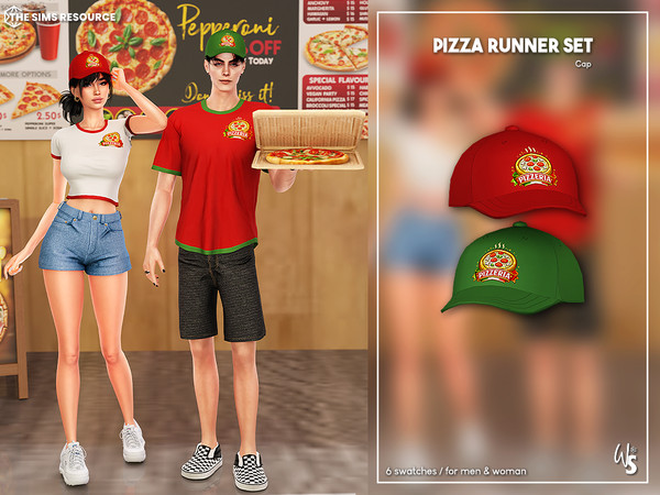 Sims 4 — (Wisteria) Pizza Runner Cap (M&F) by WisteriaSims — A stylish pizza delivery uniform set for your Sims!