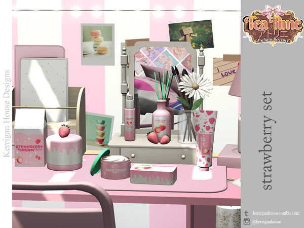 Sims 4 — Strawberry Cosmetics Set by kerriganhouse — A cute strawberry pink themed cosmetic set.
