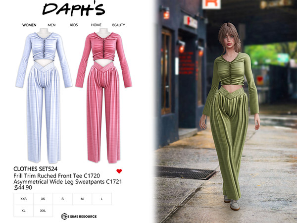 Sims 4 — DAPHS - Clothes SET524 - Frill Trim Ruched Front Tee C1720 - TSR by Daph's — A modern two-piece outfit featuring