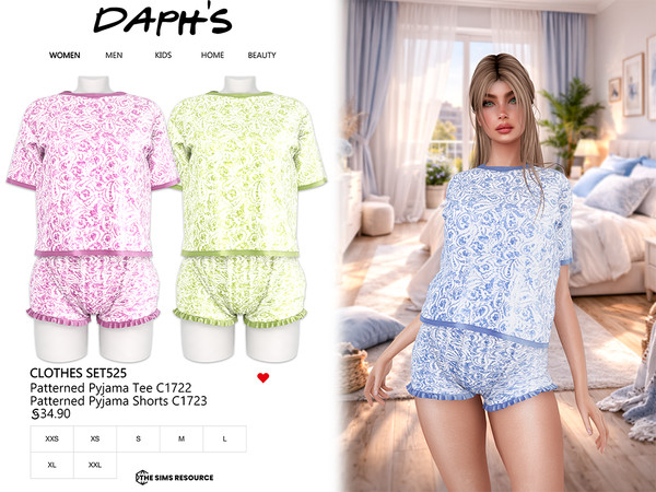 Sims 4 — DAPHS - Clothes SET525 - Patterned Pyjama Tee C1722 - TSR by Daph's — A soft and stylish patterned pajama set