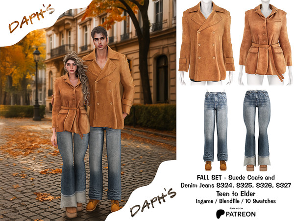 Sims 4 — PATREON - FALL SET 2025 by Daph's — A stylish autumn collection featuring suede coats and classic denim jeans
