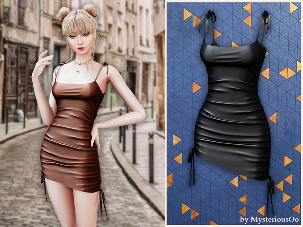 Sims 4 — Ruched satin mini dress with tie straps by MysteriousOo — A sleek satin mini dress designed with a body-hugging