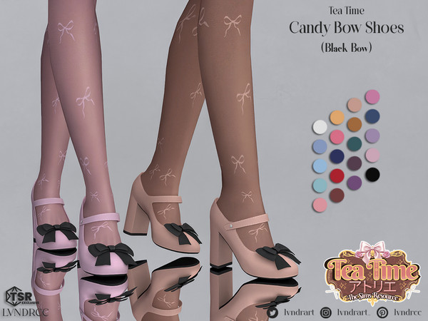 Sims 4 — (TEA TIME) Candy Bow Shoes (Black bow) by LVNDRCC — Mary Jane's on a moderate heel, with colorful or black bow,