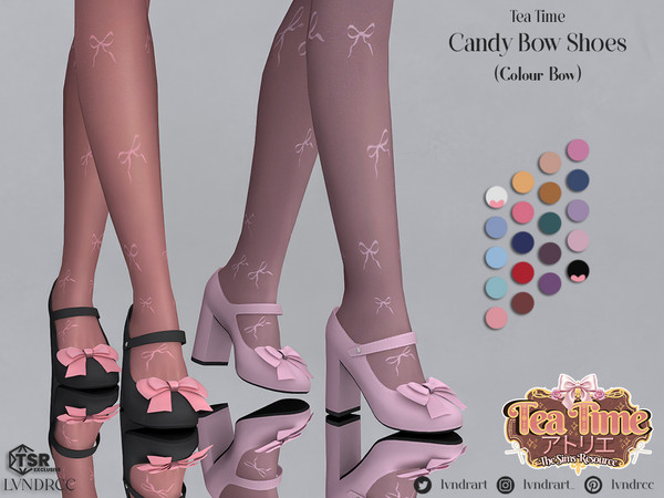 Sims 4 — (TEA TIME) Candy Bow Shoes (Colour bow) by LVNDRCC — Mary Jane's on a moderate heel, with colorful or black bow,