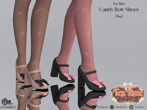 Sims 4 — (Tea Time) Candy Bow Shoes Set by LVNDRCC — Mary Jane's on a moderate heel, with colorful or black bow, ina na