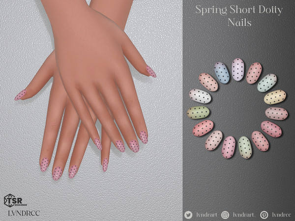 Sims 4 — Spring Short Dotty Nails by LVNDRCC — Round manicure with a sheer coat and dots details, in the brightest