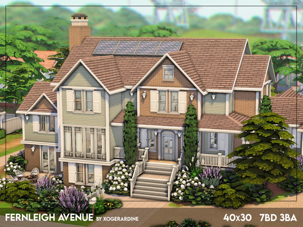 Sims 4 — Fernleigh Avenue (NO CC) by xogerardine — This house has three stories in total, with the lower level set at