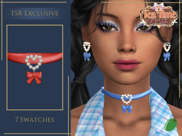 Sims 4 — Tea Time Pearl Heart Choker by Pitted0live — Silk choker with a pearl heart and bow pendant Custom catalog image