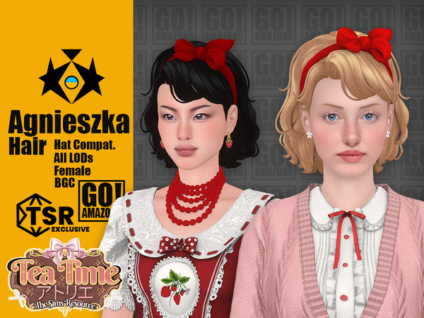 Sims 4 — GOAmazons_AgnieszkaHair (Tea Time Atelier) by GoAmazons — Wavy bob hairstyle with bangs and the bow hairband.
