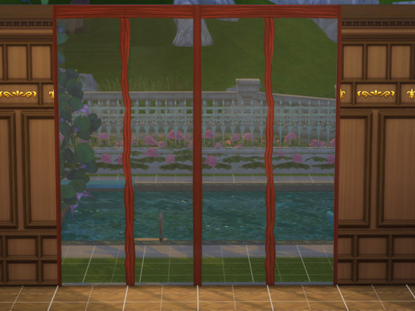 Sims 4 — Glass wall reframe hexagon by EdnaScissorhands — The rest of the glass walls reframed with wooden details.