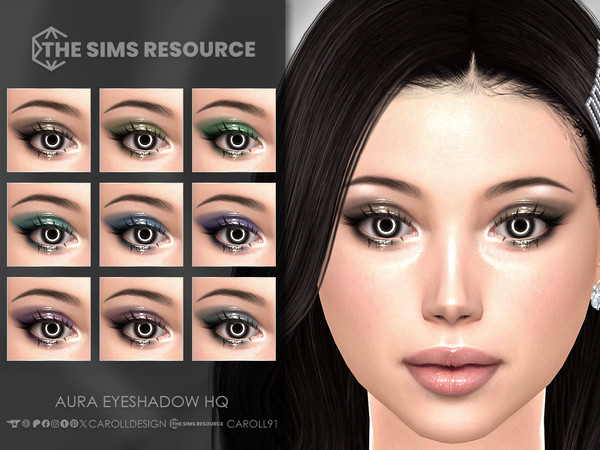 Sims 4 — Aura Eyeshadow HQ by Caroll912 — A 9-swatch smoked, glossy eyeshadow and winged eyeliner in muted rainbow and