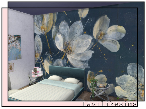 Sims 4 — Mystic Floral Mural by lavilikesims — A dark mural feat. white floral, 5 wide with plain matching wall, all wall