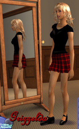 Sims 2 — Tee & Red Plaid Skirt  by Grizzelda — Black Tee and plaid skirt with Maryjanes!