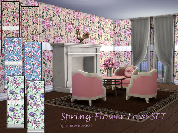 Sims 4 — Spring Flower Love SET by matomibotaki — Welcome spring with a cheerful floral wallpaper, all 3 wallpapers