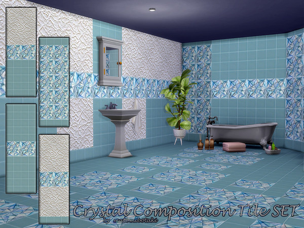 Sims 4 — Crystal Composition Tile SET by matomibotaki — 4 coordinated tile walls, some combined with woodchip wallpaper