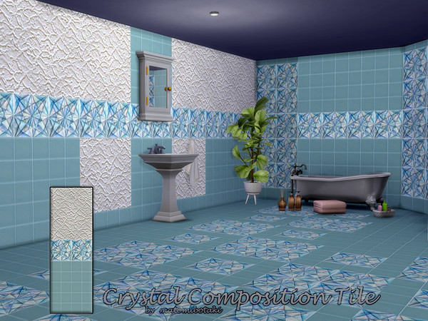 Sims 4 — Crystal Composition Tile by matomibotaki — 4 coordinated tile walls, some combined with woodchip wallpaper and