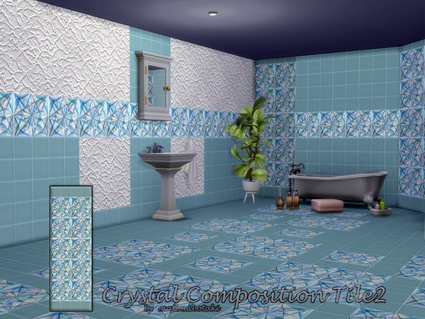 Sims 4 — Crystal Composition Tile2 by matomibotaki — 4 coordinated tile walls, some combined with woodchip wallpaper and